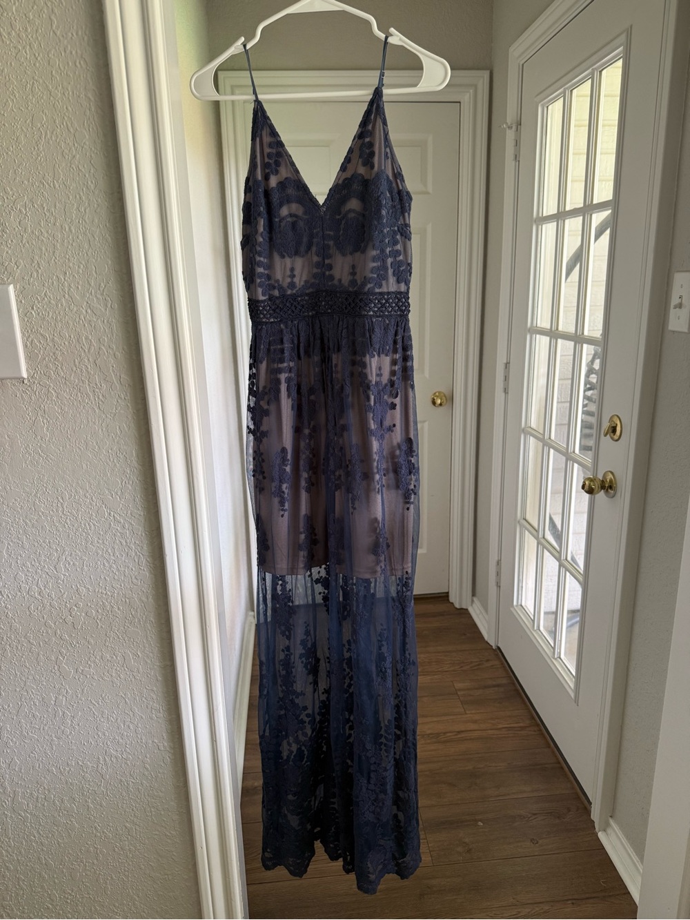 Dress Forum Navy Blue Lace Maxi Dress with V-Neck